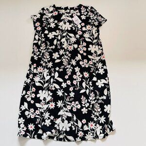 NWT J. Jill Dress Short Sleeve Pleated Back Buttons Black White Red Floral Sprin